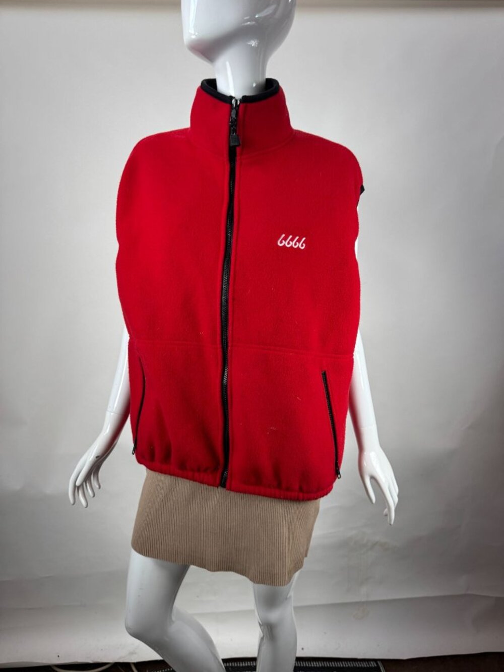 Red Fleece Zip-Up Vest Embroidered 6666 Design With Pockets